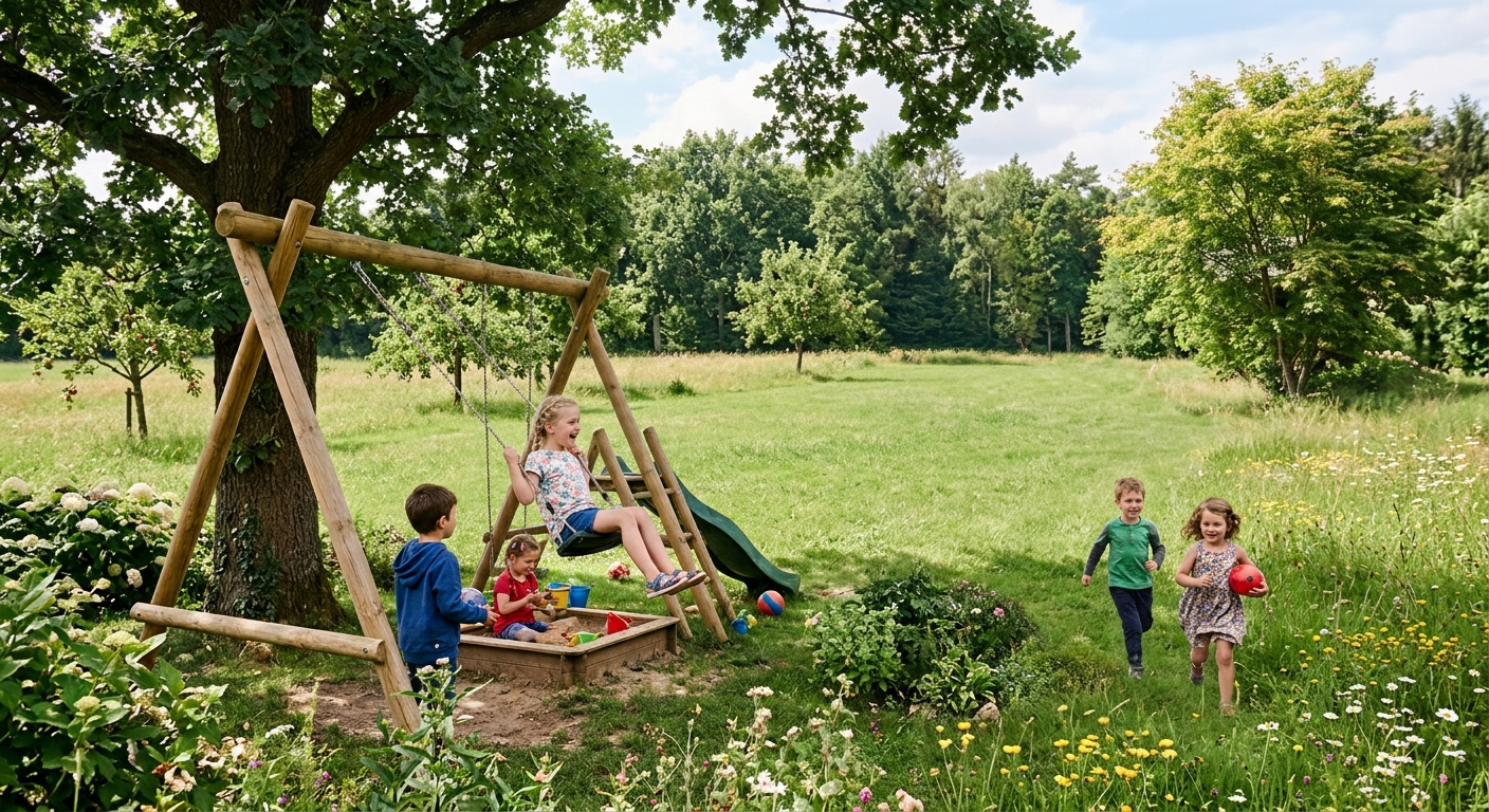 Spielende Kinder im Garten der Spielgruppe Gartenzwergli